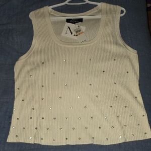 Nina Parker Light Cream Embellished Tank Top 2X Stretch NWT